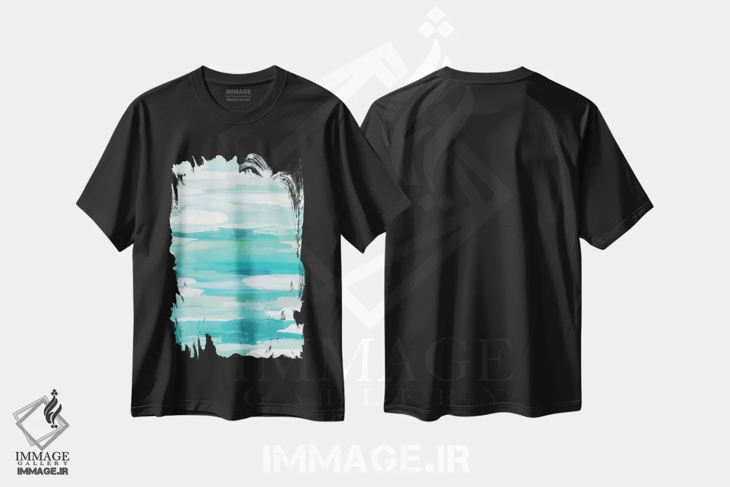 تیشرت مشکی طرح دار سر خوردن آبی فیروزه ای اثر جکی هانسون | immage.ir