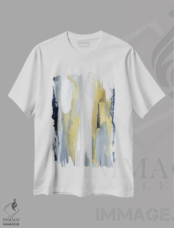 تیشرت سفید طرح دار تقاطع آبی و طلایی ۱ اثر جکی هانسون | immage.ir