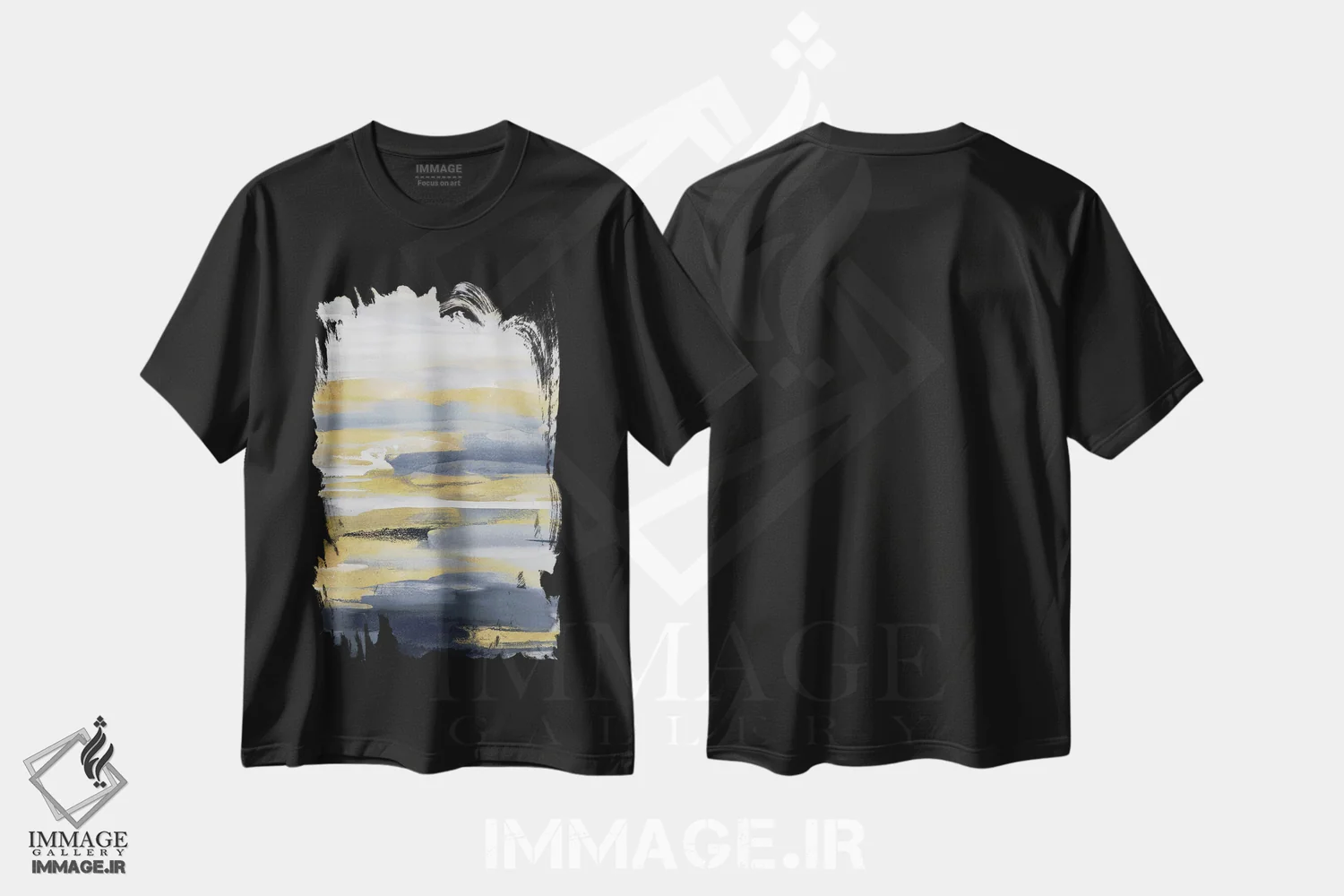 تیشرت مشکی طرح دار الهام آبی و طلایی ۲ اثر جکی هانسون | فروشگاه ایماژ