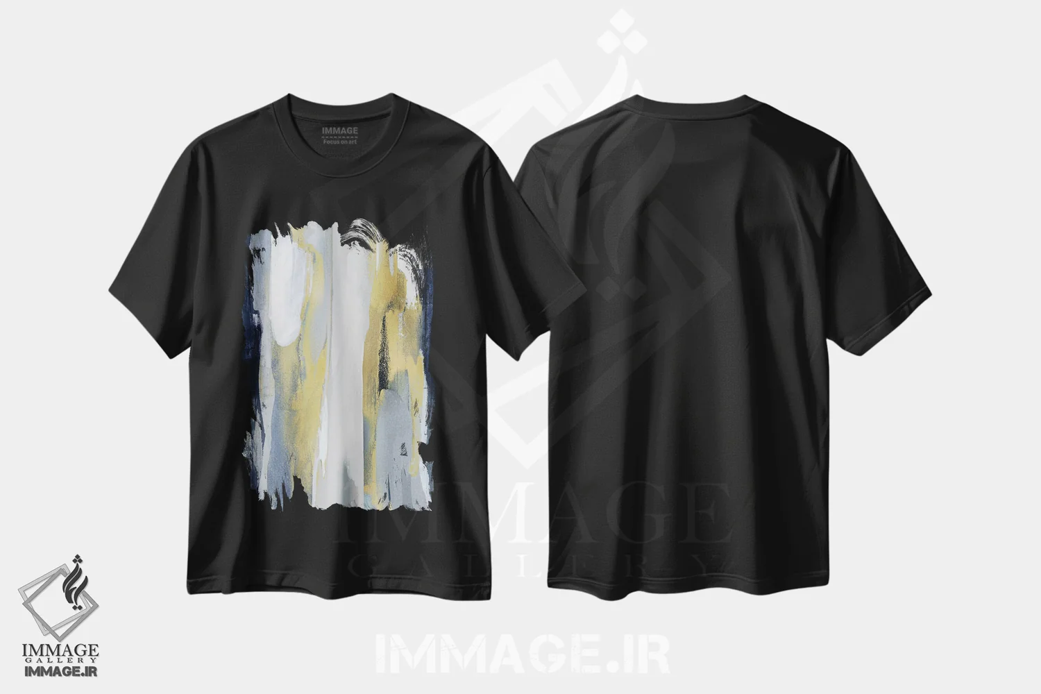 تیشرت مشکی طرح دار تقاطع آبی و طلایی ۱ اثر جکی هانسون | فروشگاه ایماژ