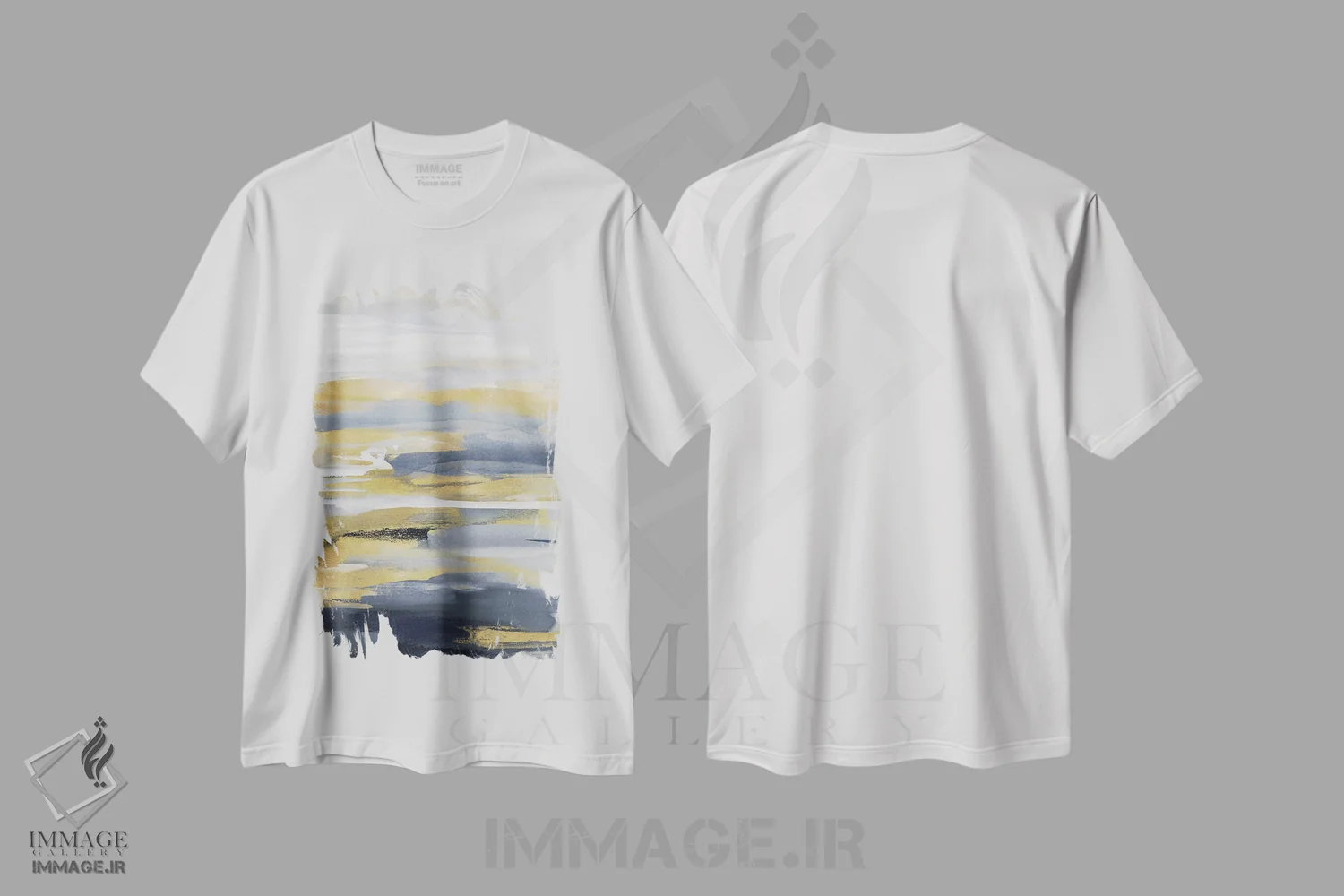 تیشرت سفید طرح دار الهام آبی و طلایی ۲ اثر جکی هانسون | immage.ir