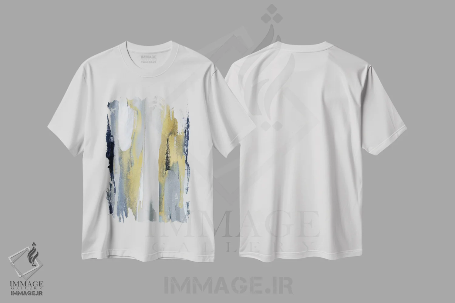 تیشرت سفید طرح دار تقاطع آبی و طلایی ۱ اثر جکی هانسون | immage.ir