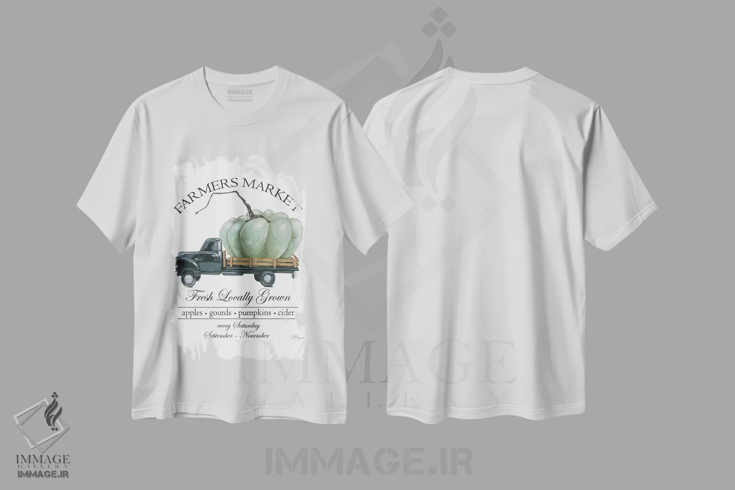 تیشرت سفید طرح دار کامیون بازار کشاورزان، دکور تعطیلات اثر هولی هکس آرت | immage.ir