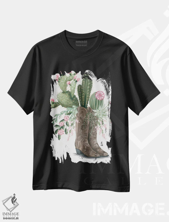 تیشرت مشکی طرح دار چکمه های کاکتوسی، تزئینی اثر هولی هکس آرت | فروشگاه ایماژ