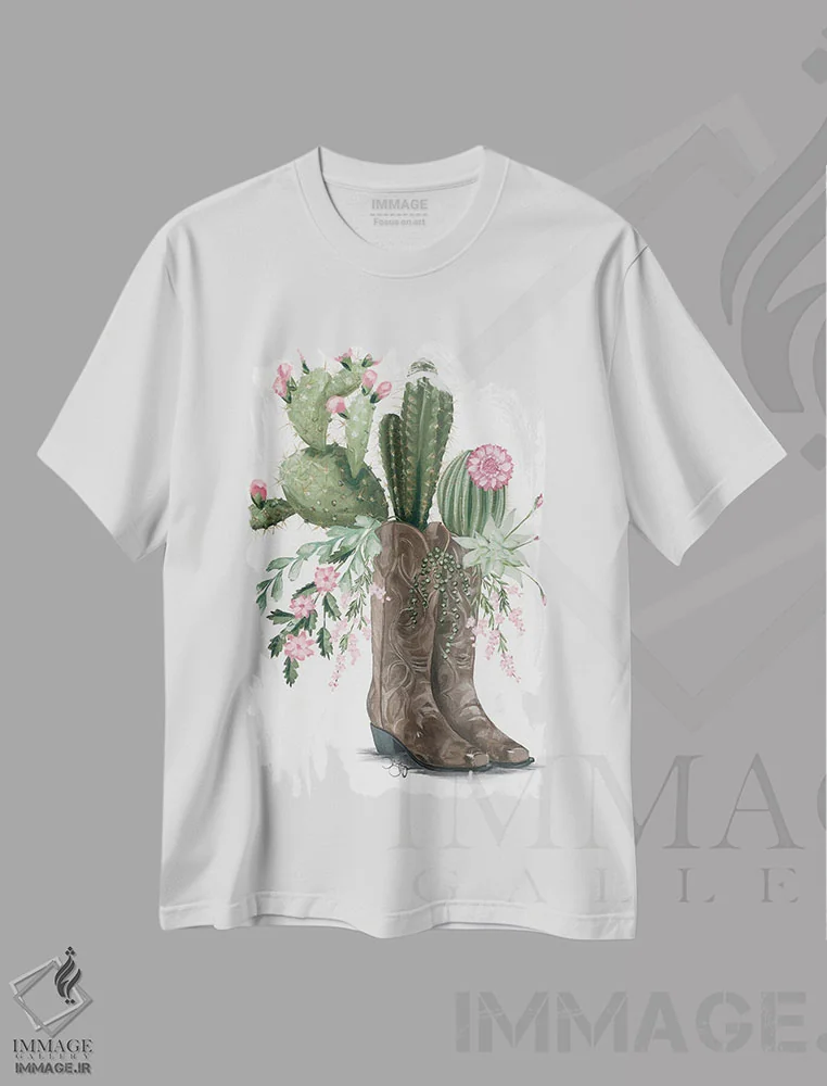 تیشرت سفید طرح دار چکمه های کاکتوسی، تزئینی اثر هولی هکس آرت | immage.ir