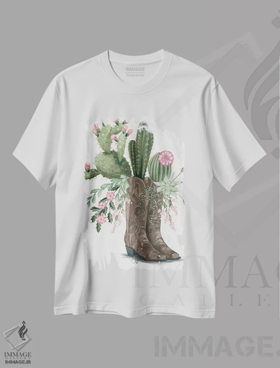 تیشرت سفید طرح دار چکمه های کاکتوسی، تزئینی اثر هولی هکس آرت | immage.ir