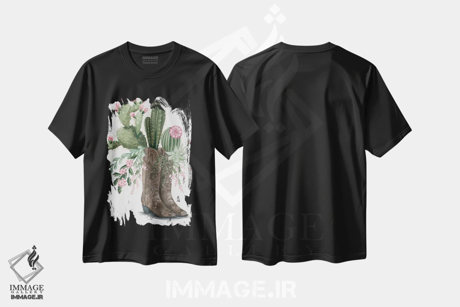 تیشرت مشکی طرح دار چکمه های کاکتوسی، تزئینی اثر هولی هکس آرت | فروشگاه ایماژ