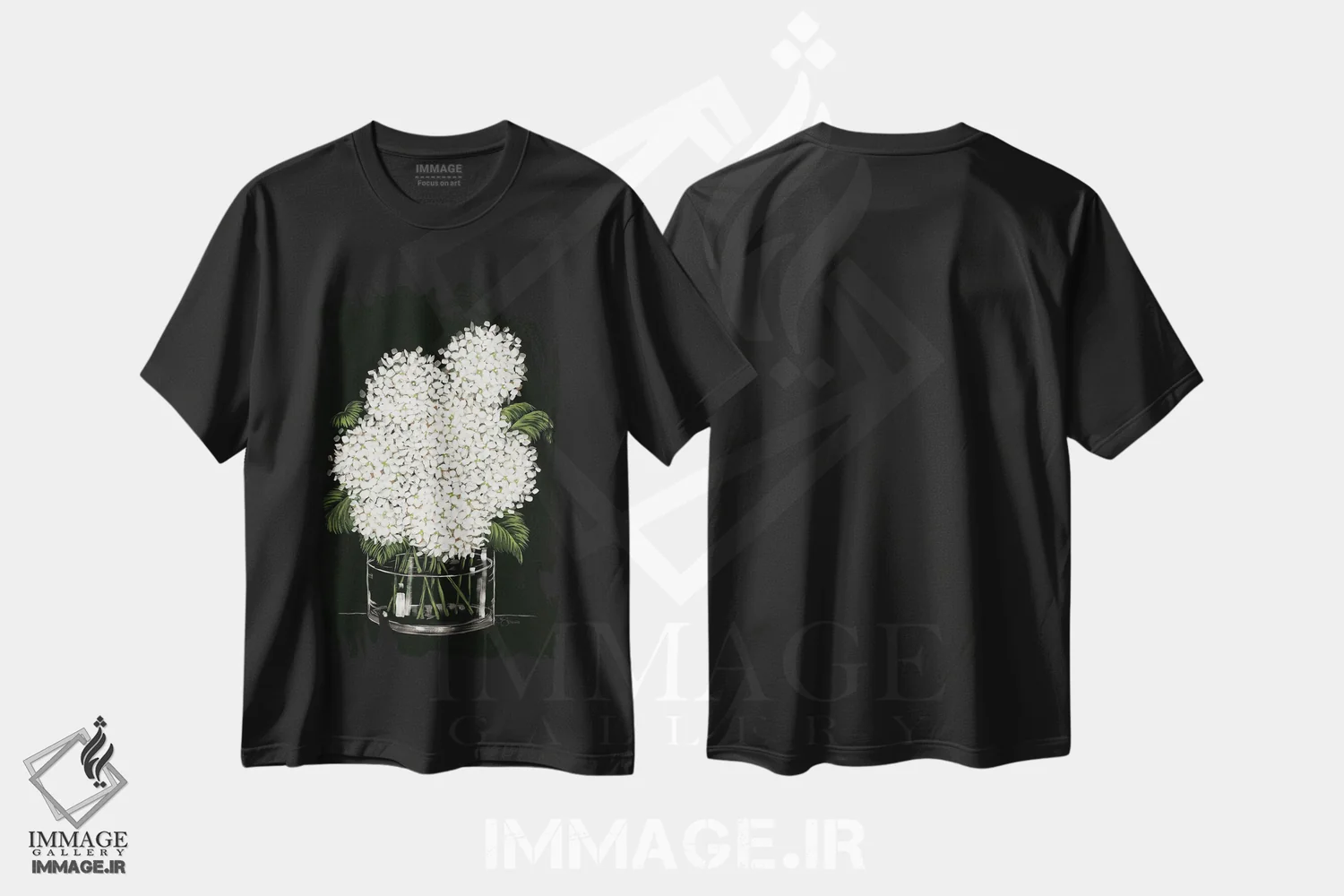 تیشرت مشکی طرح دار گل هیدرانژا در گلدان، دکور روستایی اثر هولی هکس آرت | immage.ir