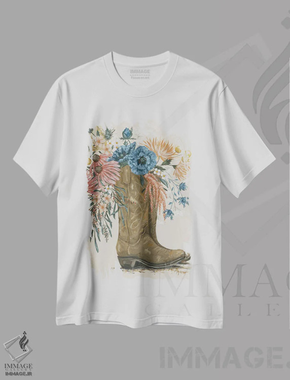 تیشرت سفید طرح دار چکمه دختر گاوچران گل وحشی ۲، دکور روستایی اثر هولی هکس آرت | immage.ir