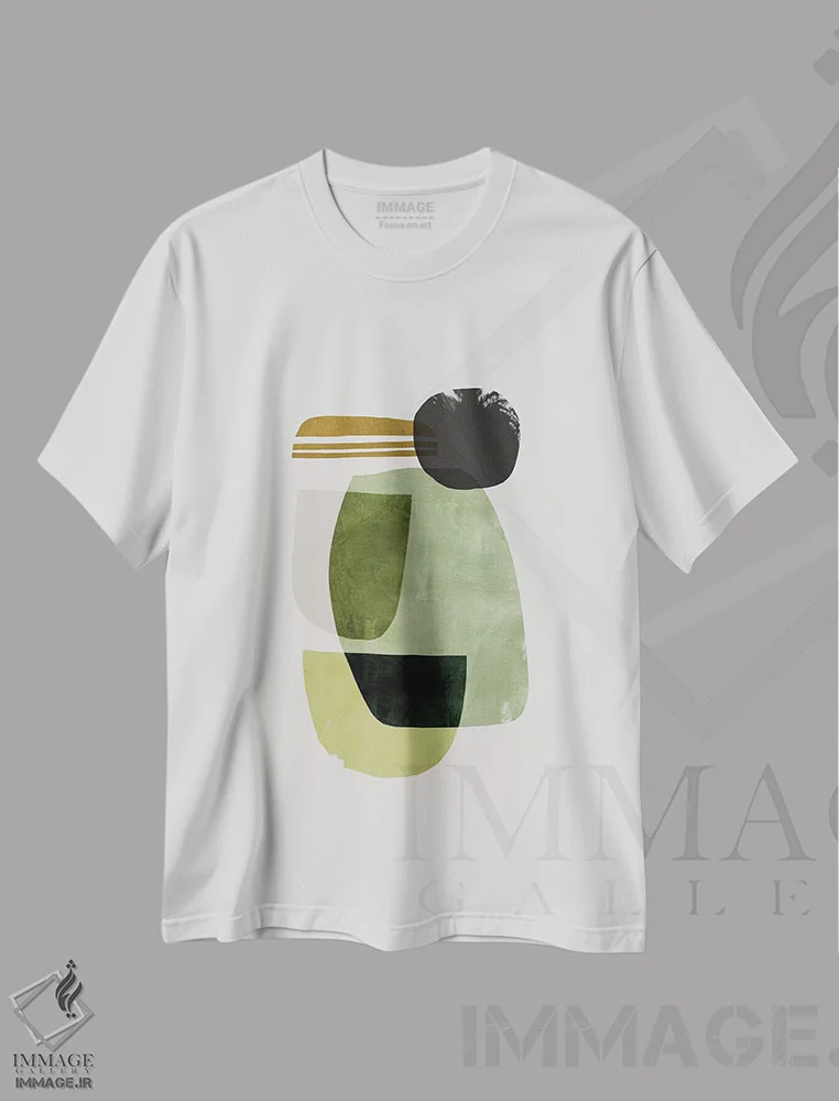 تیشرت سفید طرح دار انتزاعی سبز اثر دن هابدی | فروشگاه ایماژ