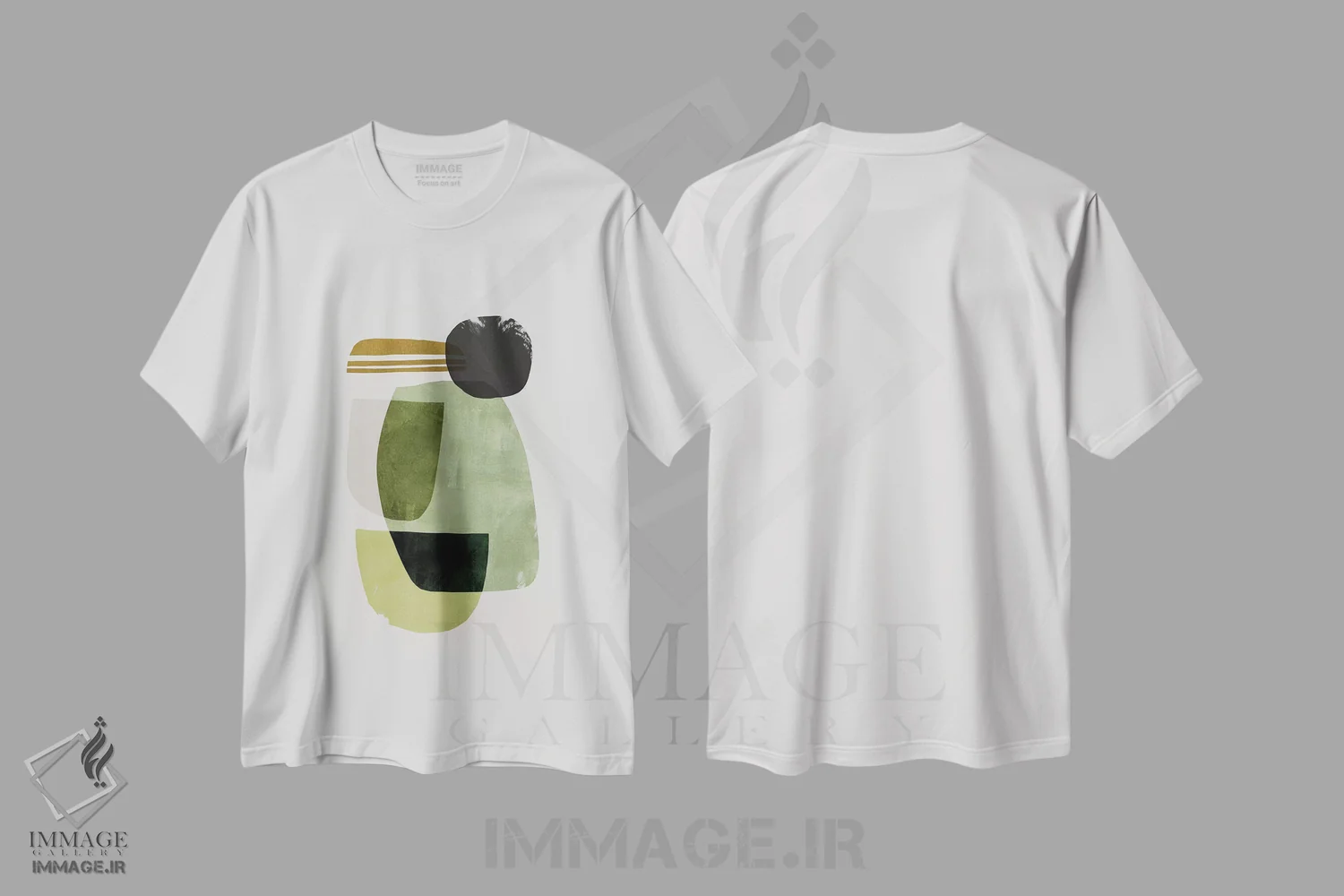 تیشرت سفید طرح دار انتزاعی سبز اثر دن هابدی | فروشگاه ایماژ