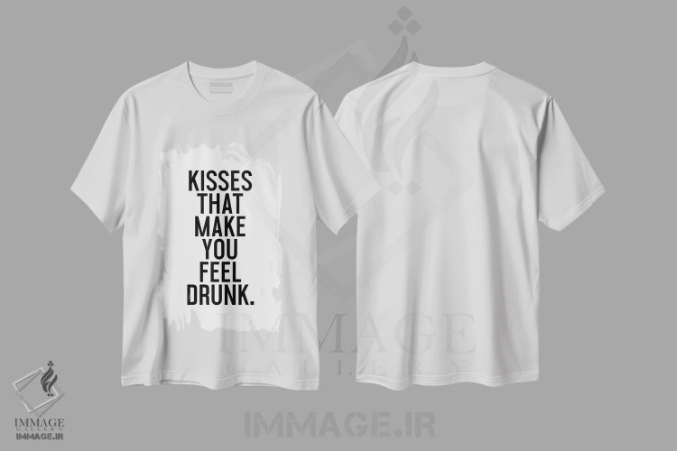 تیشرت سفید طرح دار بوسه هایی که تو را مست می کنند، هنر دیجیتال اثر هانی مون هتل | فروشگاه ایماژ