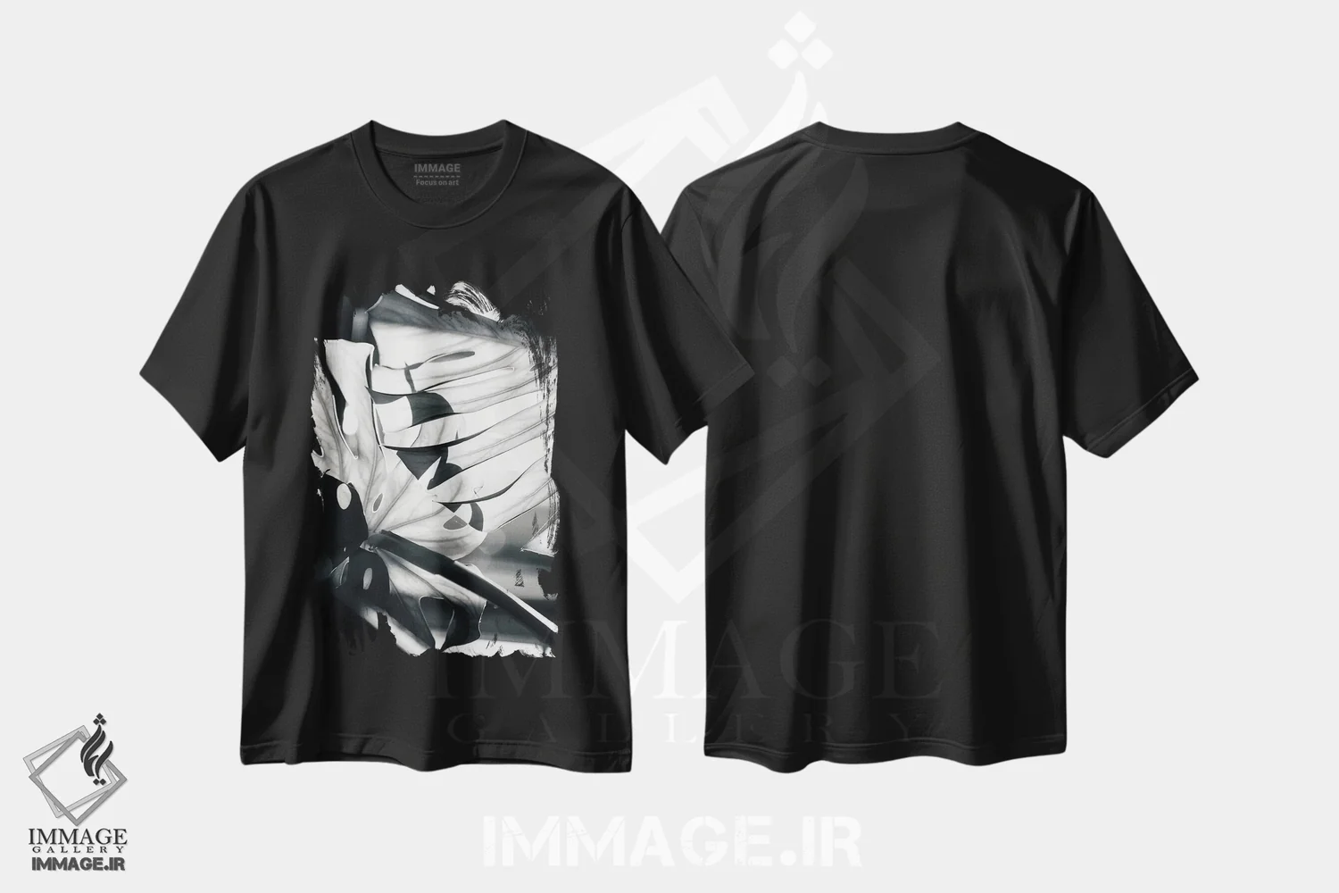 تیشرت مشکی طرح دار برگ های یکنواخت، عکاسی سیاه و سفید اثر هانی مون هتل | فروشگاه ایماژ