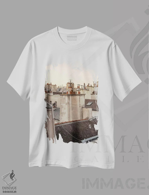 تیشرت سفید طرح دار پاریس هنگام غروب، مدیوم اثر هانی مون هتل | immage.ir