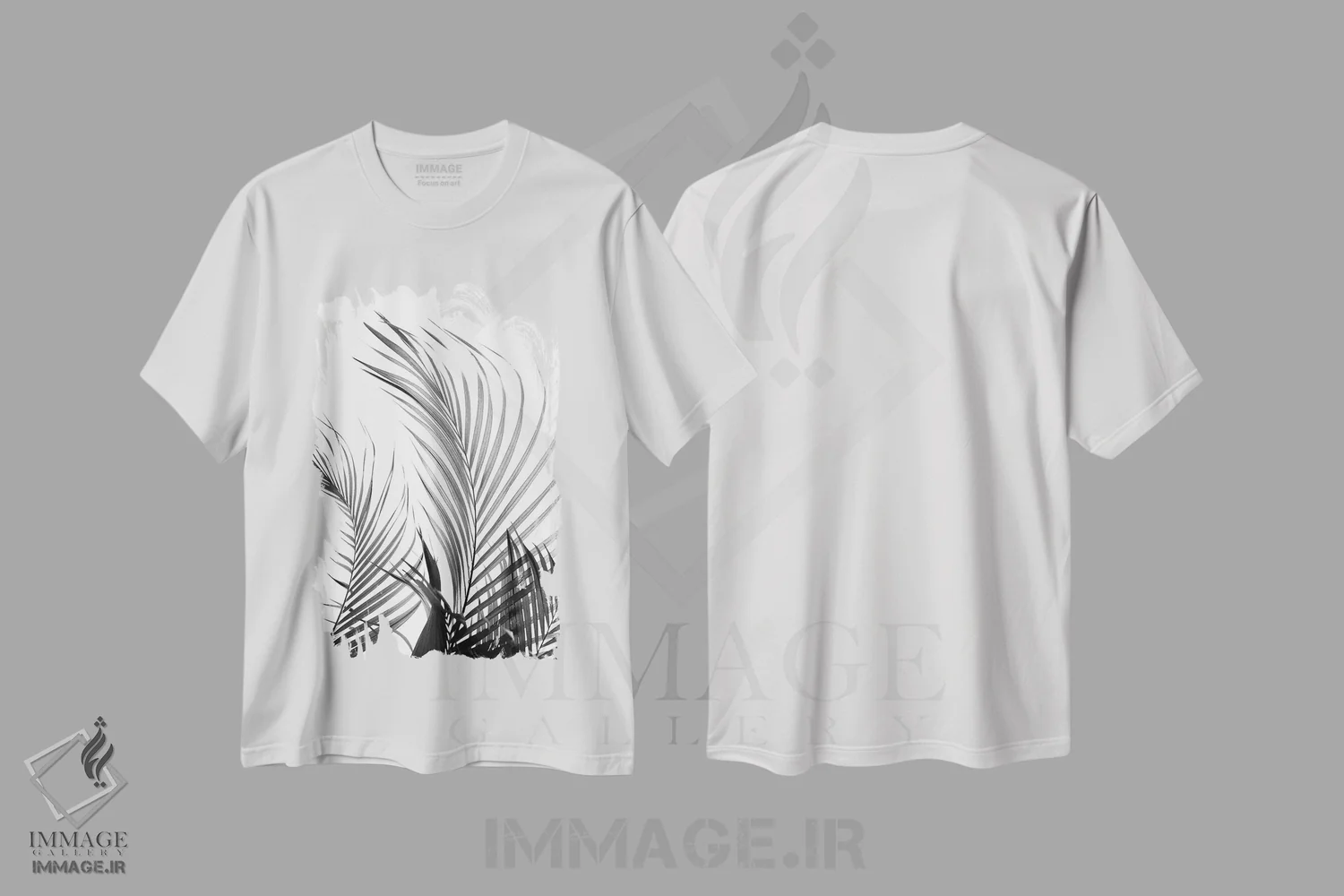 تیشرت سفید طرح دار برگ های نخل، عکاسی سیاه و سفید اثر هانی مون هتل | فروشگاه ایماژ