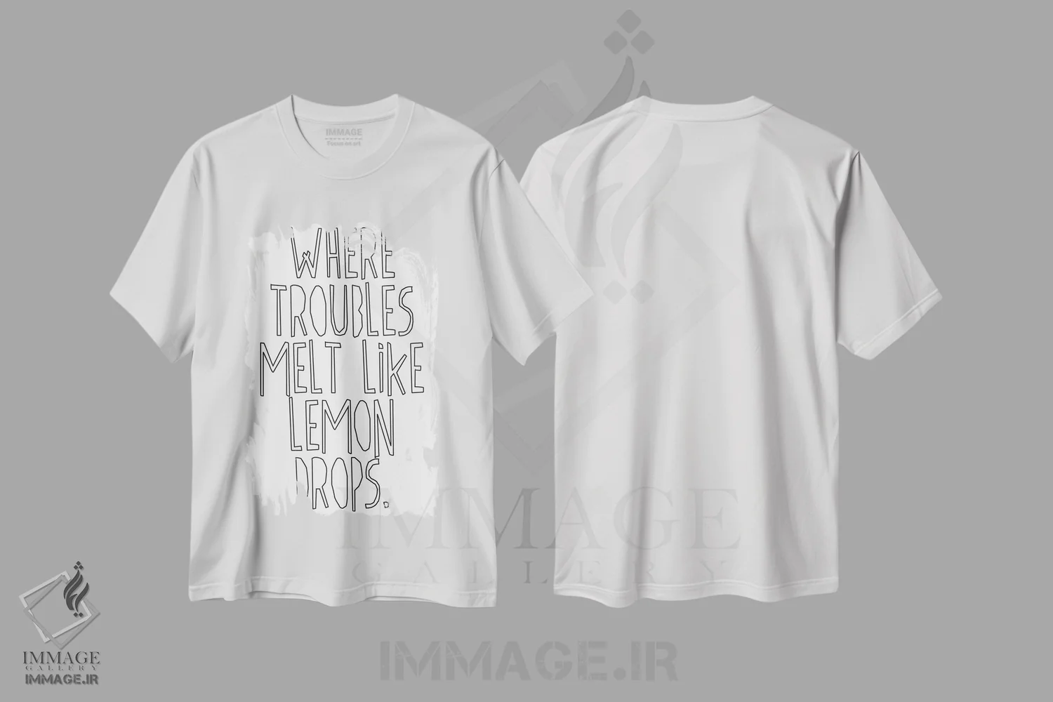 تیشرت سفید طرح دار جایی که دغدغه ها مانند قطره لیمو ذوب می شوند ۱، آرت خطی اثر هانی مون هتل | فروشگاه ایماژ