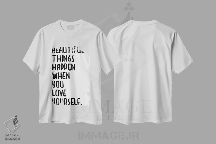 تیشرت سفید طرح دار اتفاقات زیبا رخ می دهند، تایپوگرافی اثر هانی مون هتل | immage.ir