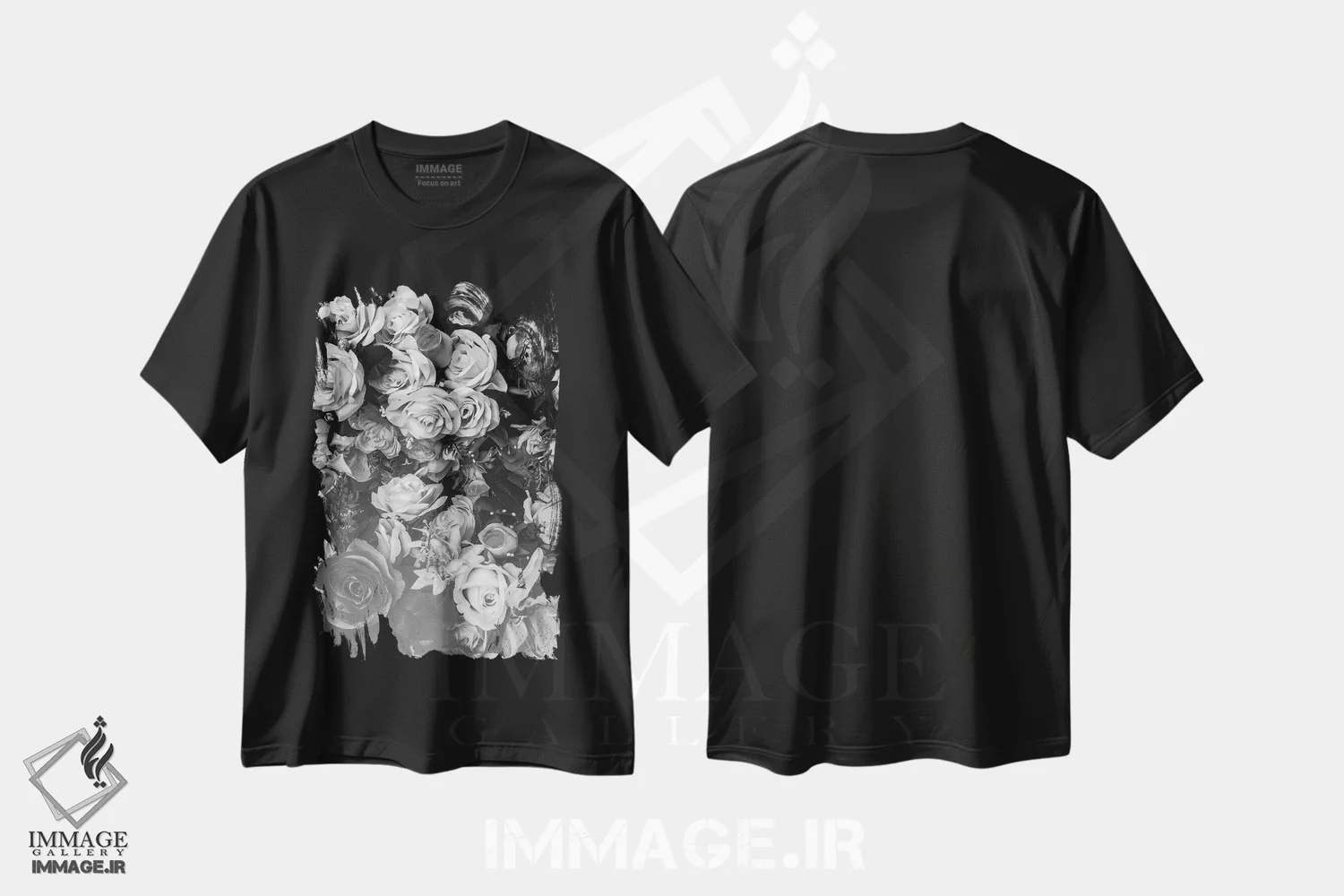تیشرت مشکی طرح دار گل ها در نیمه شب، عکاسی سیاه و سفید اثر هانی مون هتل | immage.ir