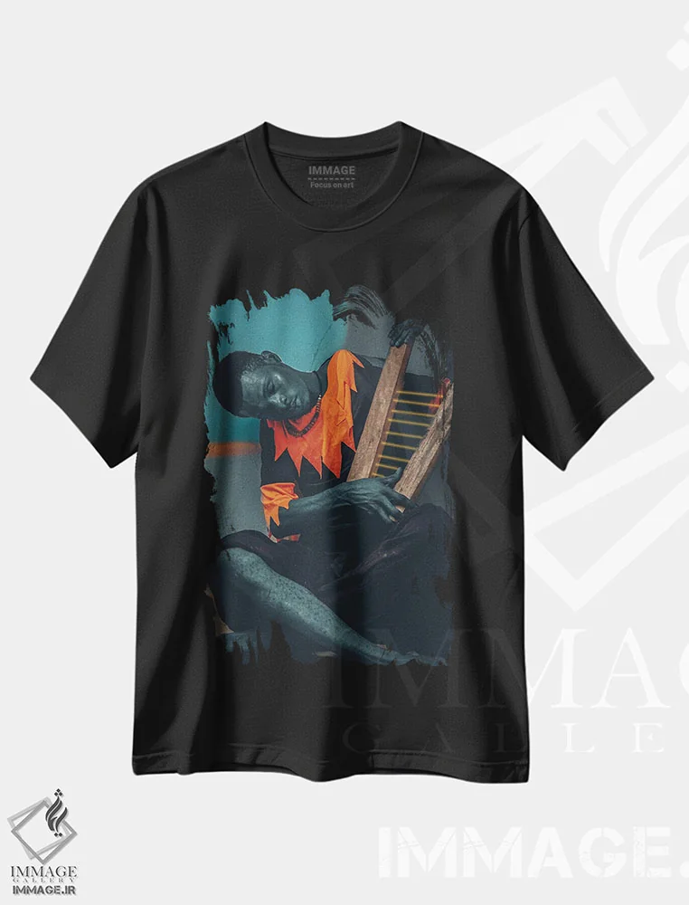 تیشرت مشکی طرح دار مرد خسته با چنگ، هنر آمریکایی آفریقایی تبار اثر هری ادونزه | فروشگاه ایماژ