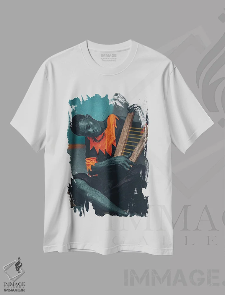 تیشرت سفید طرح دار مرد خسته با چنگ، هنر آمریکایی آفریقایی تبار اثر هری ادونزه | immage.ir