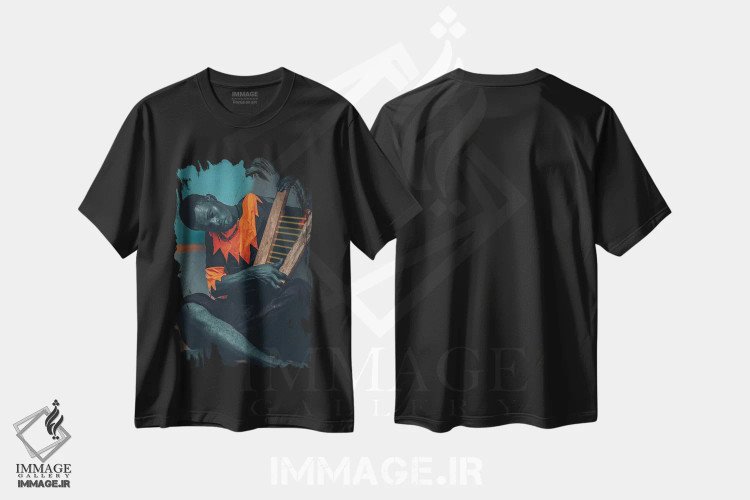 تیشرت مشکی طرح دار مرد خسته با چنگ، هنر آمریکایی آفریقایی تبار اثر هری ادونزه | فروشگاه ایماژ