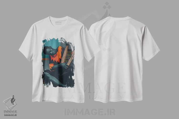 تیشرت سفید طرح دار مرد خسته با چنگ، هنر آمریکایی آفریقایی تبار اثر هری ادونزه | immage.ir