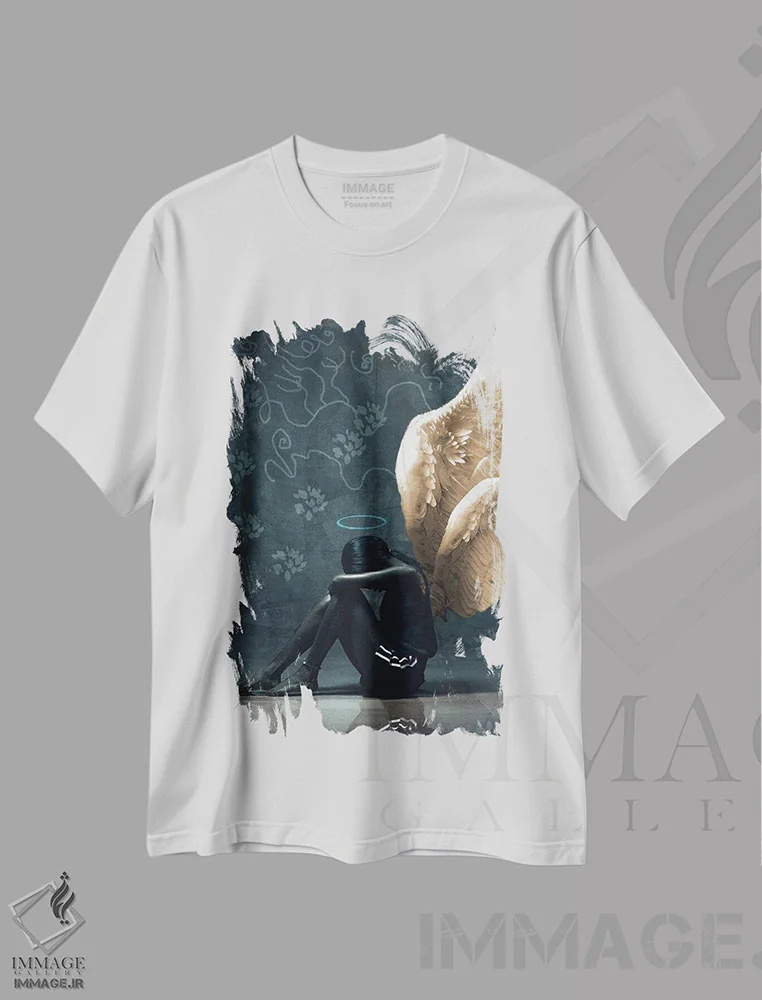 تیشرت سفید طرح دار فرشته نشسته، هنر آمریکایی آفریقایی تبار اثر هری ادونزه | فروشگاه ایماژ