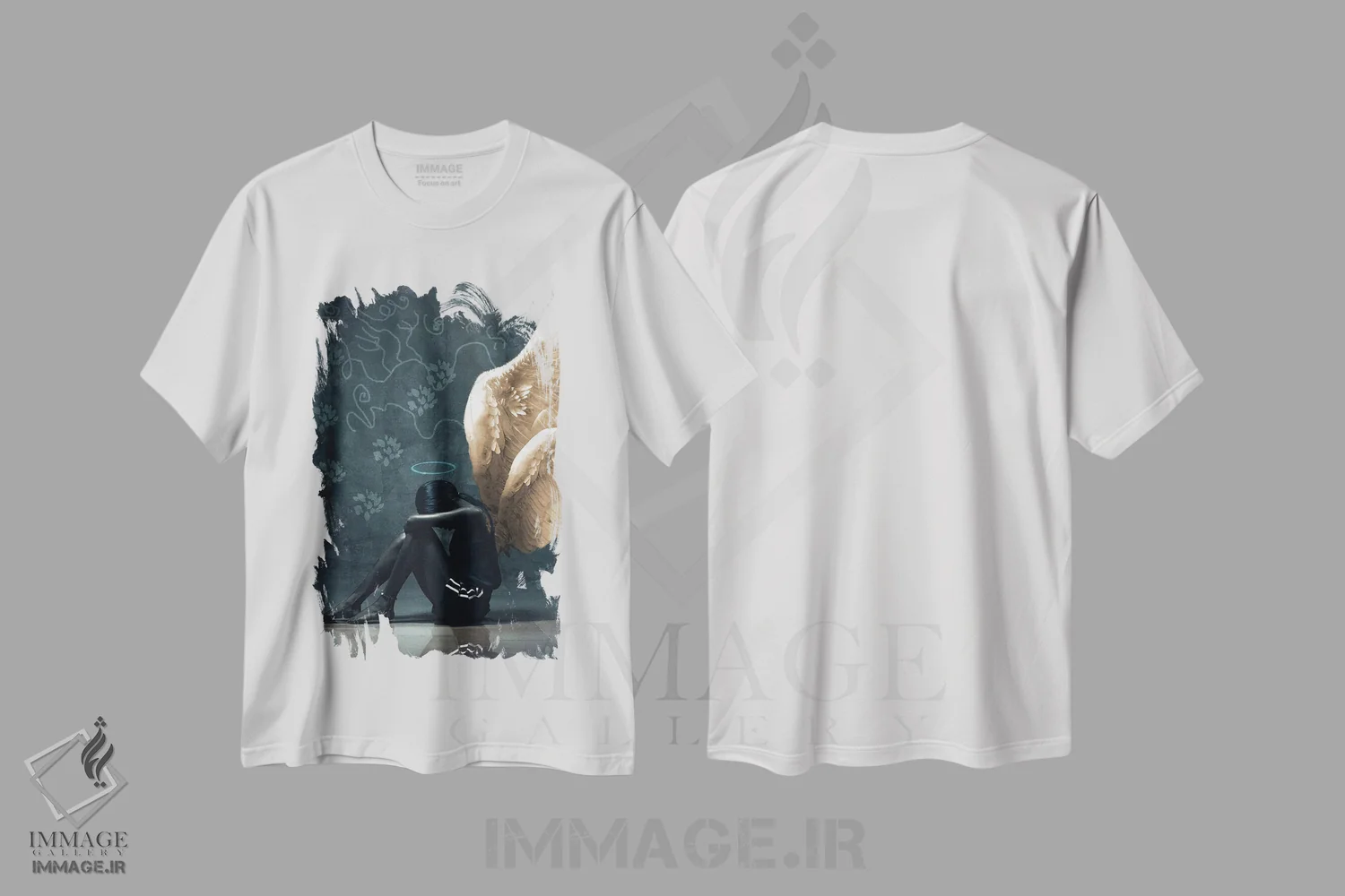 تیشرت سفید طرح دار فرشته نشسته، هنر آمریکایی آفریقایی تبار اثر هری ادونزه | فروشگاه ایماژ