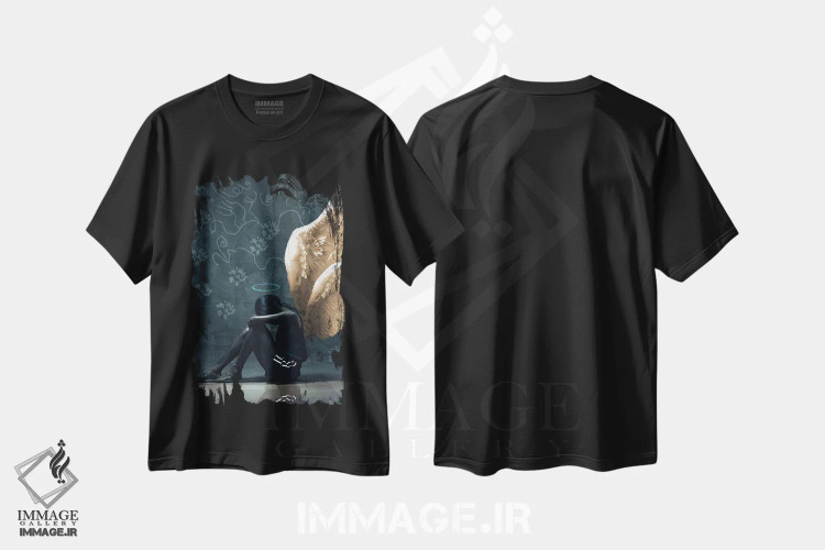 تیشرت مشکی طرح دار فرشته نشسته، هنر آمریکایی آفریقایی تبار اثر هری ادونزه | immage.ir