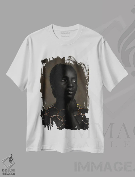 تیشرت سفید طرح دار خیال پردازی طلایی، عکاسی هنری فاخر اثر هری ادونزه | فروشگاه ایماژ