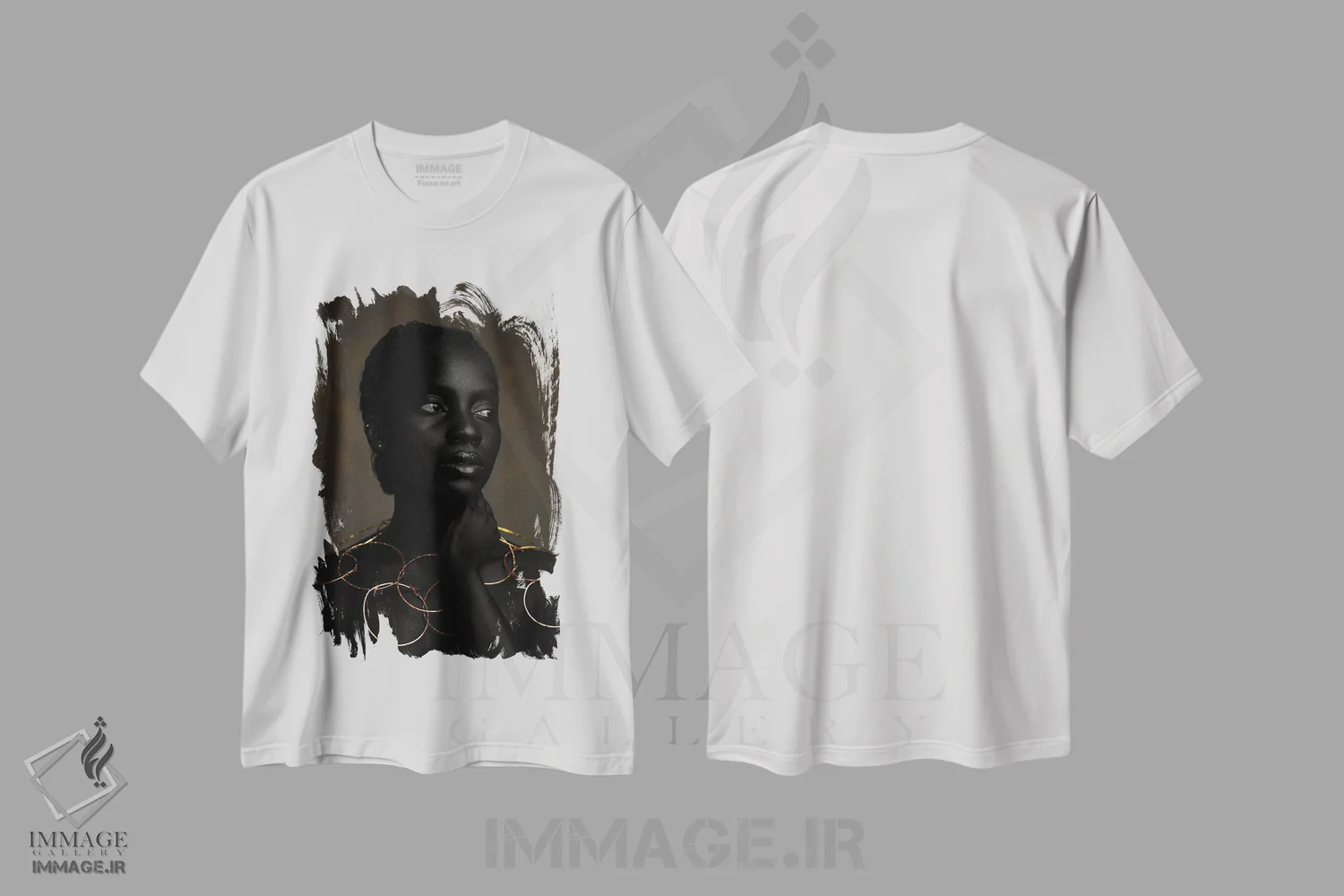 تیشرت سفید طرح دار خیال پردازی طلایی، عکاسی هنری فاخر اثر هری ادونزه | فروشگاه ایماژ