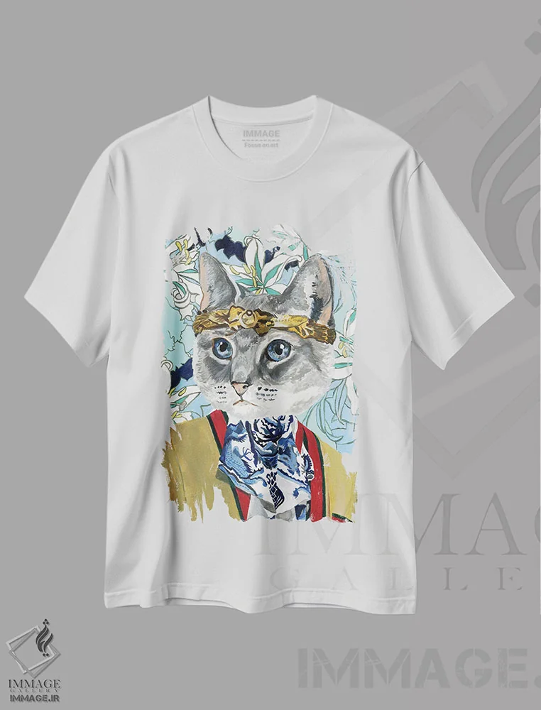 تیشرت سفید طرح دار گربه گوچی، تزئینی اثر هدر پری | فروشگاه ایماژ