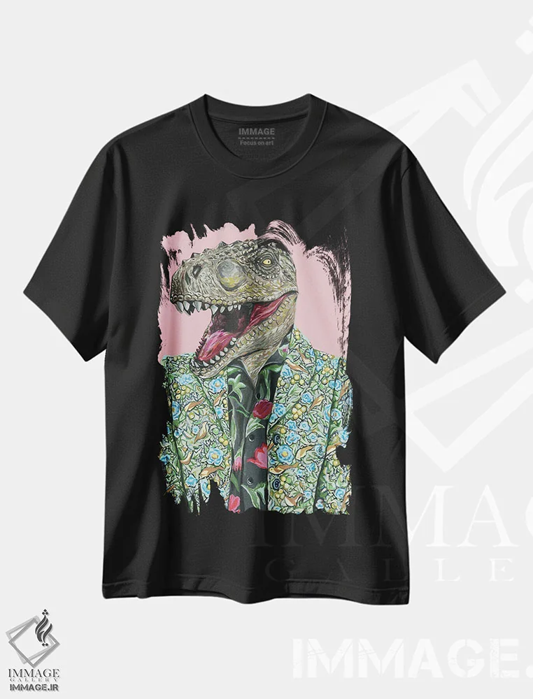 تیشرت مشکی طرح دار تی رکس گوچی، هنر فاخر معاصر اثر هدر پری | فروشگاه ایماژ