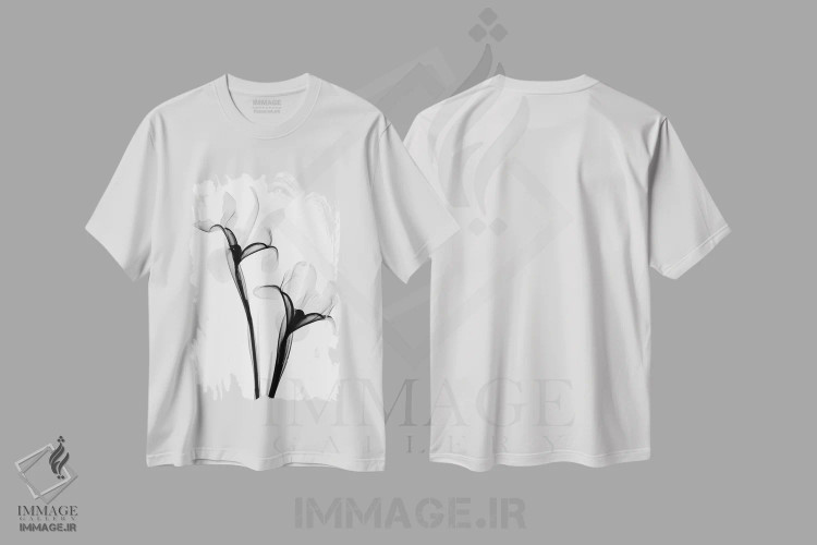 تیشرت سفید طرح دار دو زنبق یک، عکاسی سیاه و سفید اثر هونگ فام | فروشگاه ایماژ