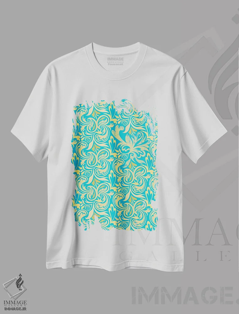 تیشرت سفید طرح دار نمای پنهان آبی و زرد، تزئینی اثر فایو بای فایو کالکتیو | immage.ir
