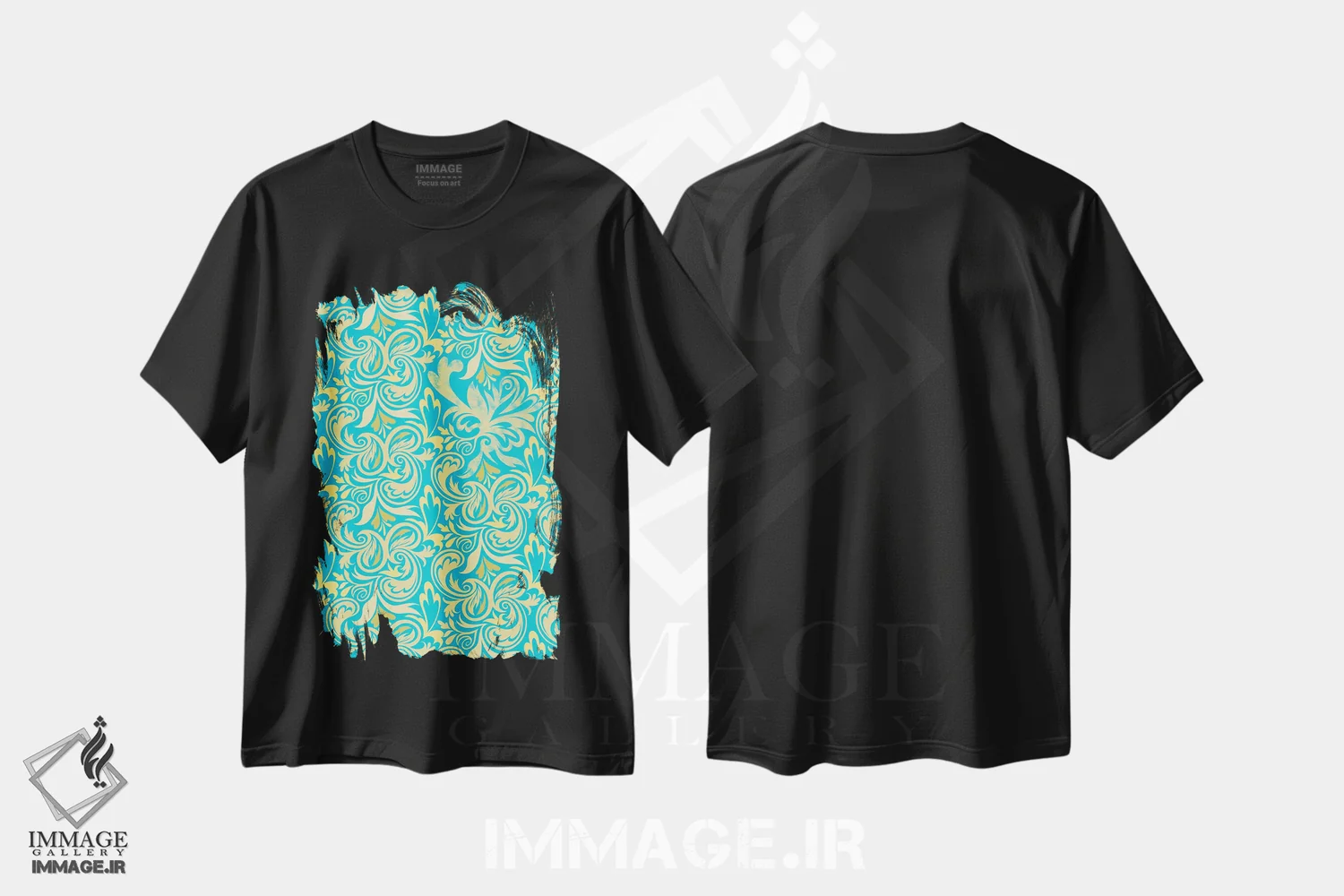تیشرت مشکی طرح دار نمای پنهان آبی و زرد، تزئینی اثر فایو بای فایو کالکتیو | فروشگاه ایماژ