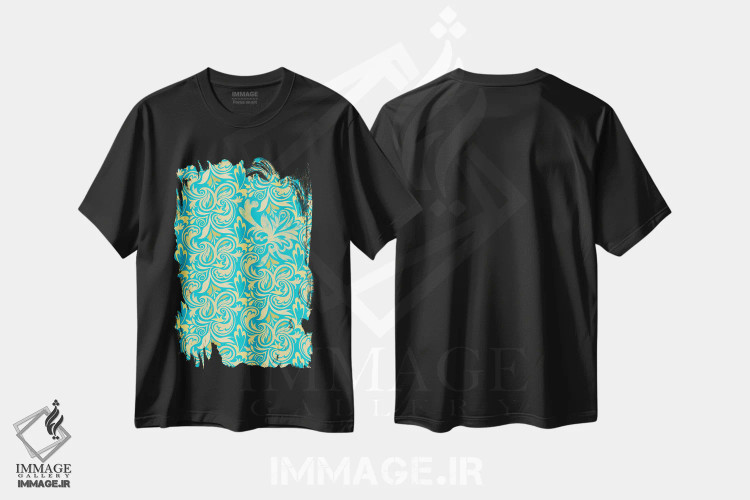 تیشرت مشکی طرح دار نمای پنهان آبی و زرد، تزئینی اثر فایو بای فایو کالکتیو | فروشگاه ایماژ