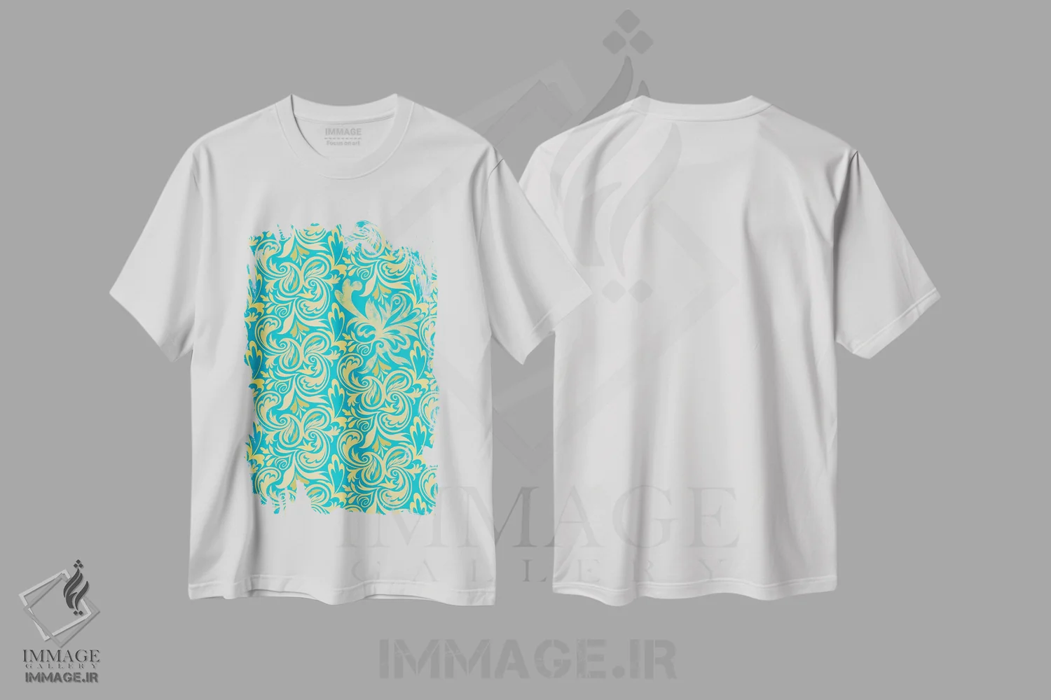 تیشرت سفید طرح دار نمای پنهان آبی و زرد، تزئینی اثر فایو بای فایو کالکتیو | immage.ir