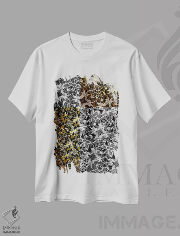 تیشرت سفید طرح دار حرکت تکامل یابنده در نقره ای، آبستره اثر فایو بای فایو کالکتیو | فروشگاه ایماژ