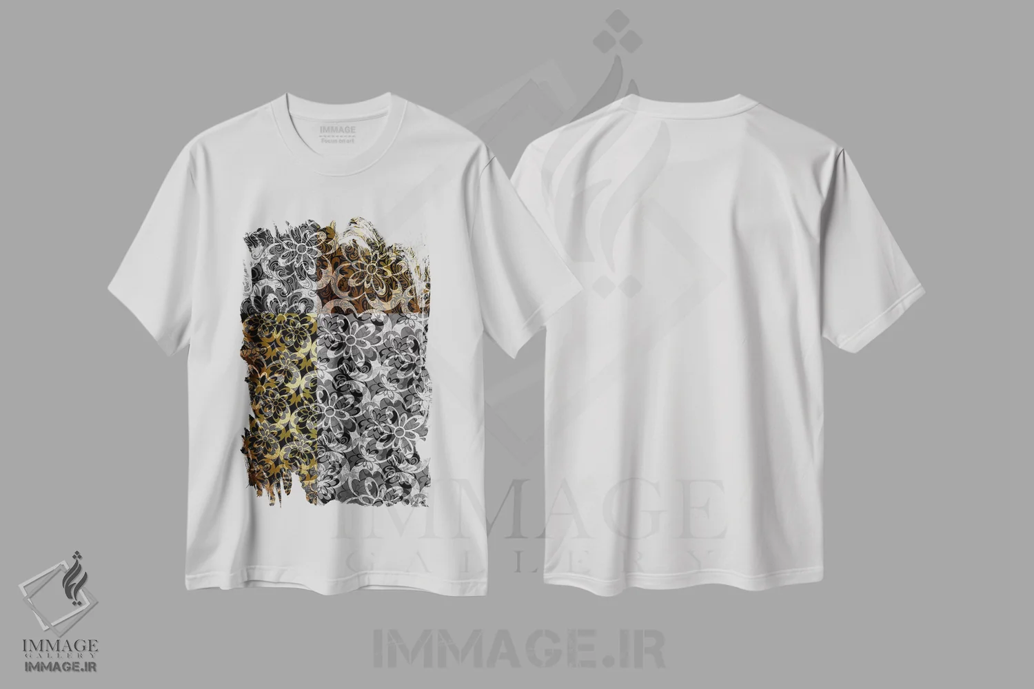 تیشرت سفید طرح دار حرکت تکامل یابنده در نقره ای، آبستره اثر فایو بای فایو کالکتیو | فروشگاه ایماژ