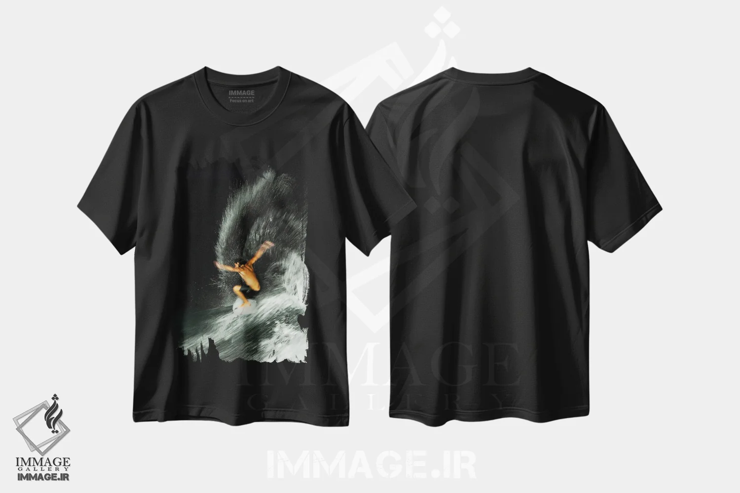 تیشرت مشکی طرح دار موج سواری شبانه، تصاویر اکشن اثر هانا پریویت | فروشگاه ایماژ