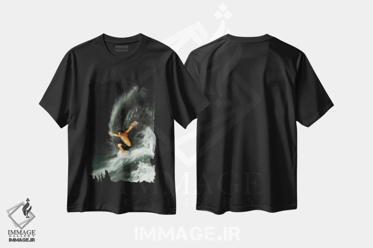 تیشرت مشکی طرح دار موج سواری شبانه، تصاویر اکشن اثر هانا پریویت | فروشگاه ایماژ