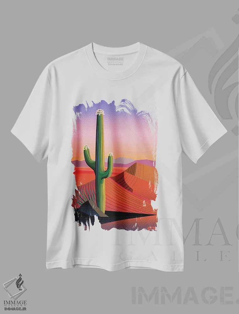 تیشرت سفید طرح دار غروب شکوفه های ساگوارو، دکور معاصر اثر چارلز هارکر | immage.ir