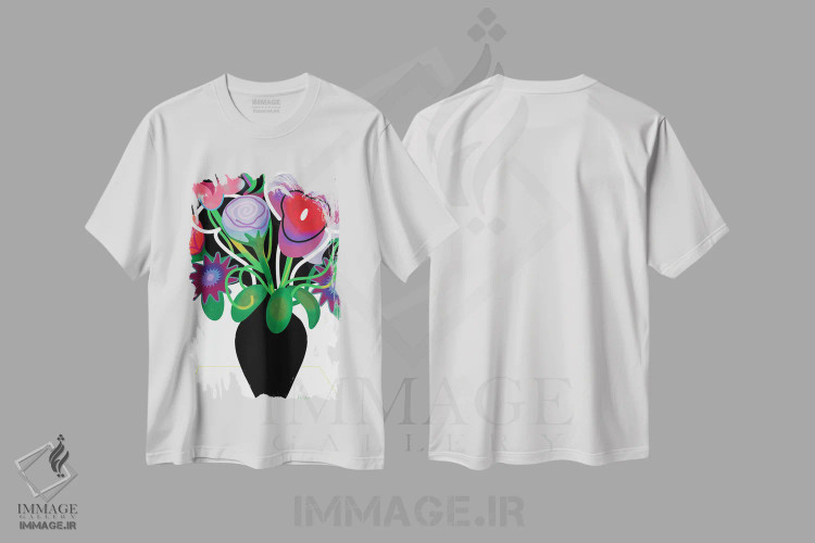 تیشرت سفید طرح دار گلدان با گل ها، دکور معاصر اثر چارلز هارکر | فروشگاه ایماژ
