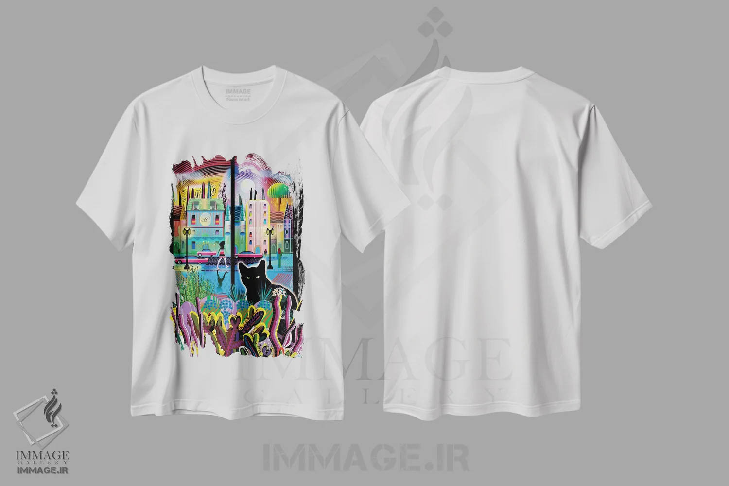 تیشرت سفید طرح دار گربه ماه کن، هنر دیجیتال اثر چارلز هارکر | فروشگاه ایماژ