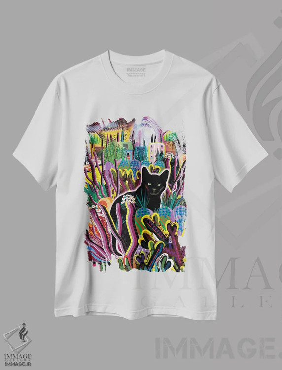 تیشرت سفید طرح دار گربه سیاه، هنر دیجیتال اثر چارلز هارکر | فروشگاه ایماژ