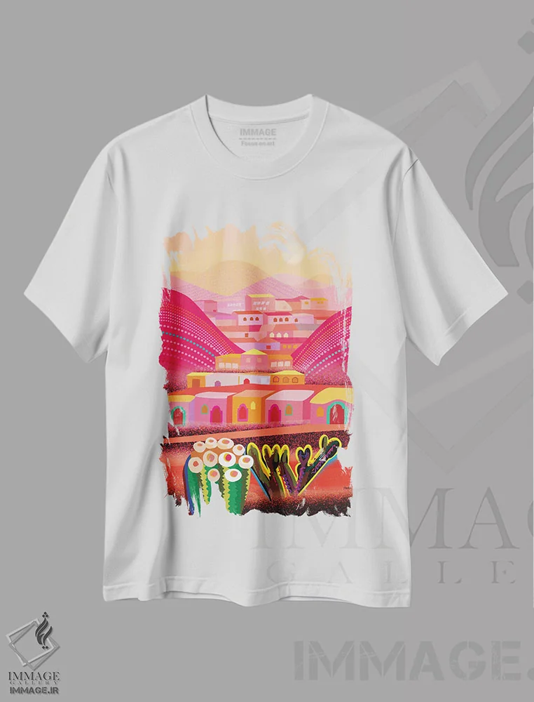 تیشرت سفید طرح دار روستای بیابانی، تزئینی اثر چارلز هارکر | immage.ir
