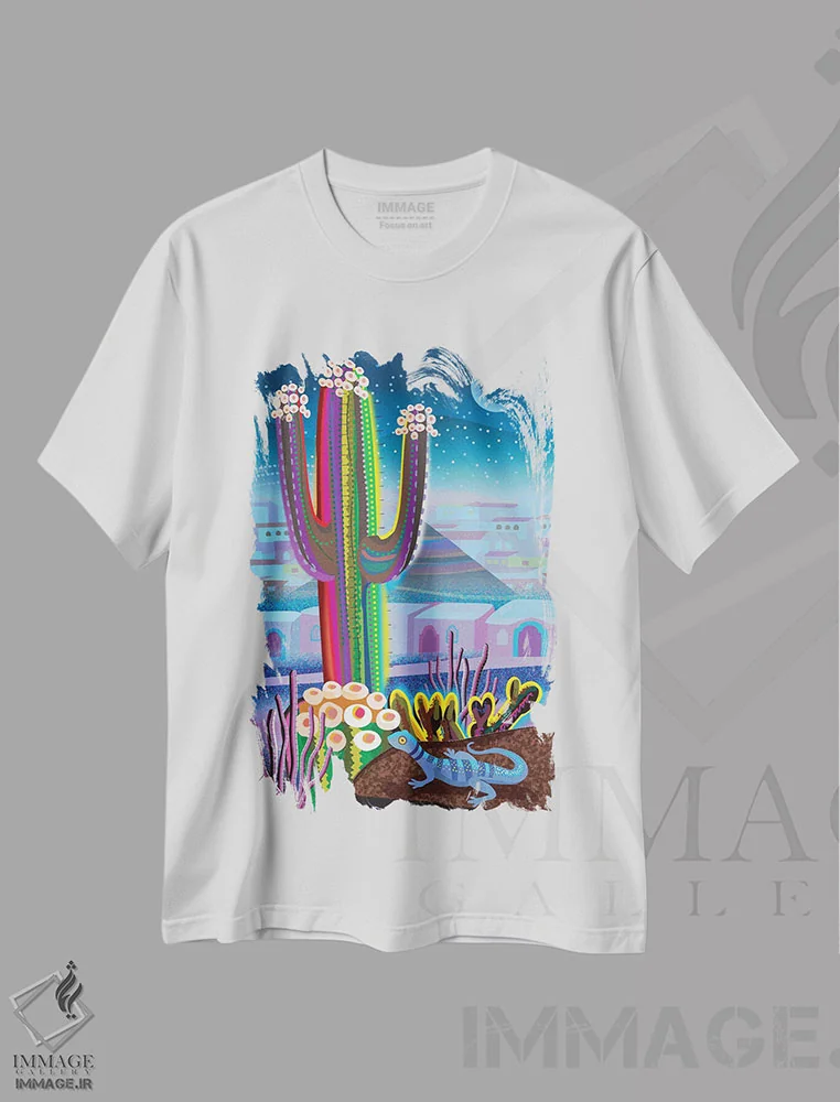 تیشرت سفید طرح دار بیابان شب آبی، تزئینی اثر چارلز هارکر | فروشگاه ایماژ