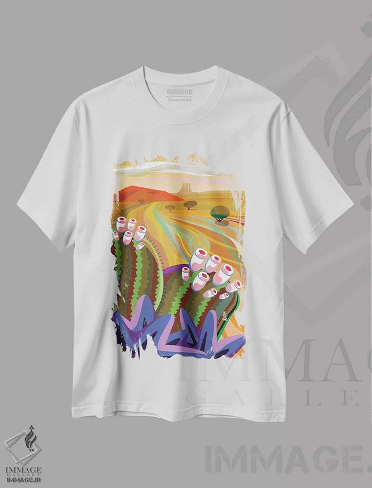 تیشرت سفید طرح دار بشکه شکوفا، هنر دیجیتال اثر چارلز هارکر | فروشگاه ایماژ