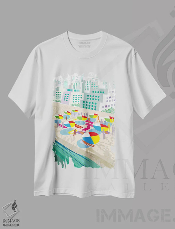 تیشرت سفید طرح دار صحنه ساحل، تزئینی اثر چارلز هارکر | فروشگاه ایماژ